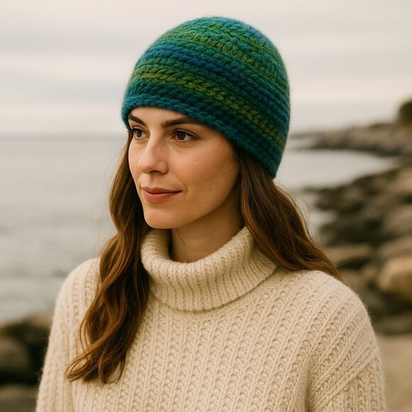 Hand-Knit Wool Beanie – Green & Blue Artisan Striped Winter Hat - Picture 3 of 5